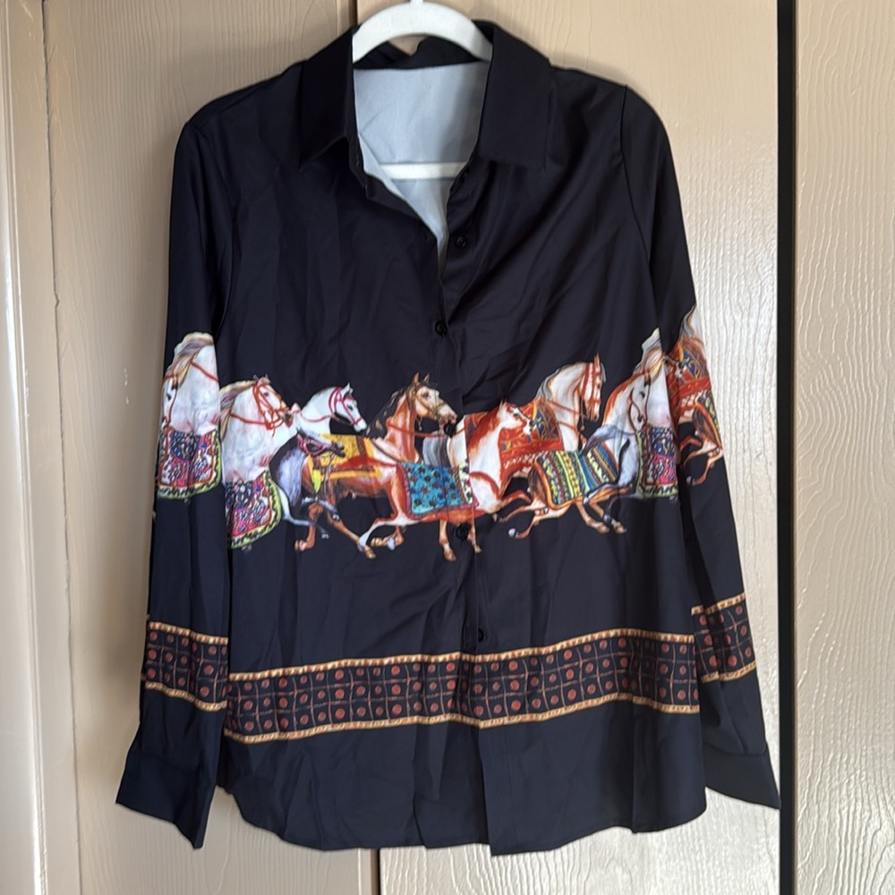 Black Button-Down Shirt with Equestrian Horse Print - Picture 2 of 2